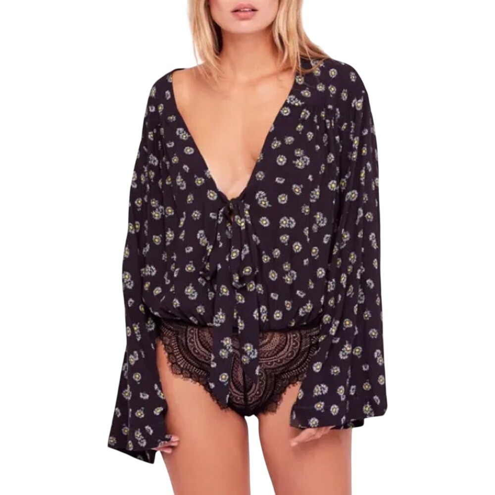 FP Intimately Size L Forties Feel Bodysuit Floral Black Long Sleeve Bodysuit